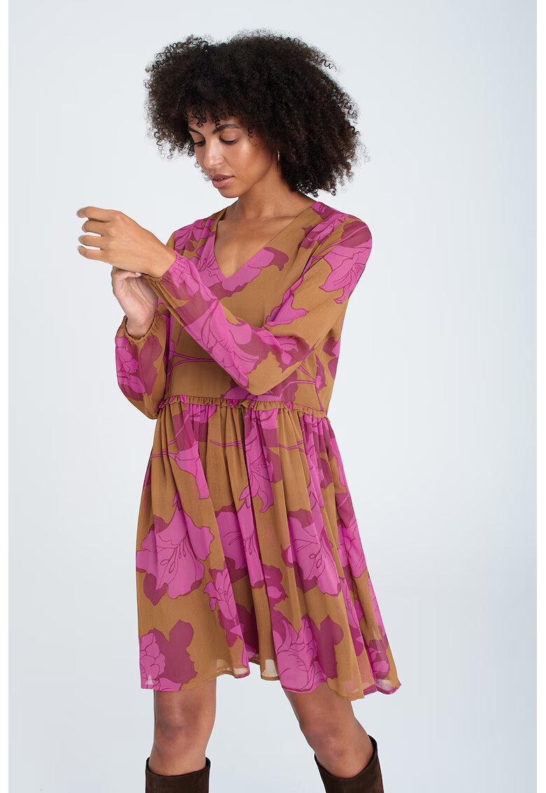 GreenPoint Rochie cu decolteu in V si model floral - Roz fandango/Maro inchis