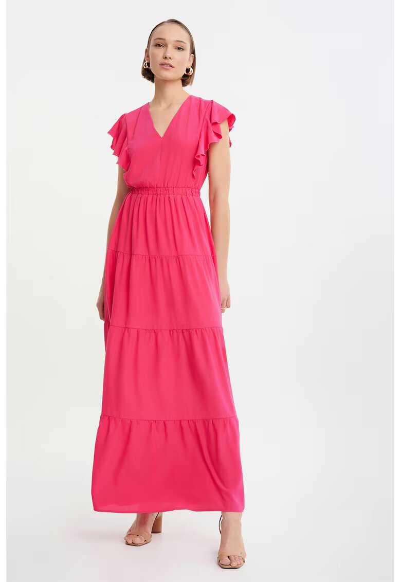 GreenPoint Rochie cu decolteu in V si model stratificat - Roz aprins