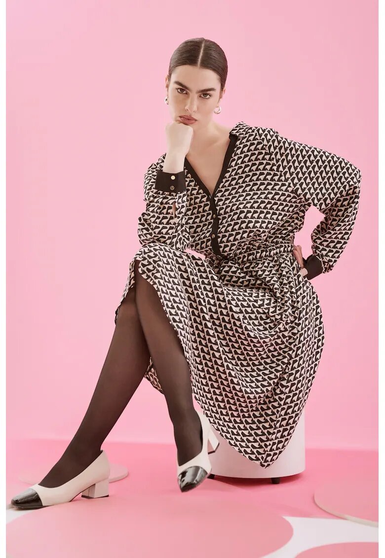 GreenPoint Rochie cu imprimeu si decolteu in V - Negru/Alb murdar