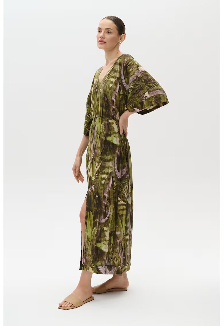 GreenPoint Rochie din amestec de in cu imprimeu floral - Verde masliniu/Roz