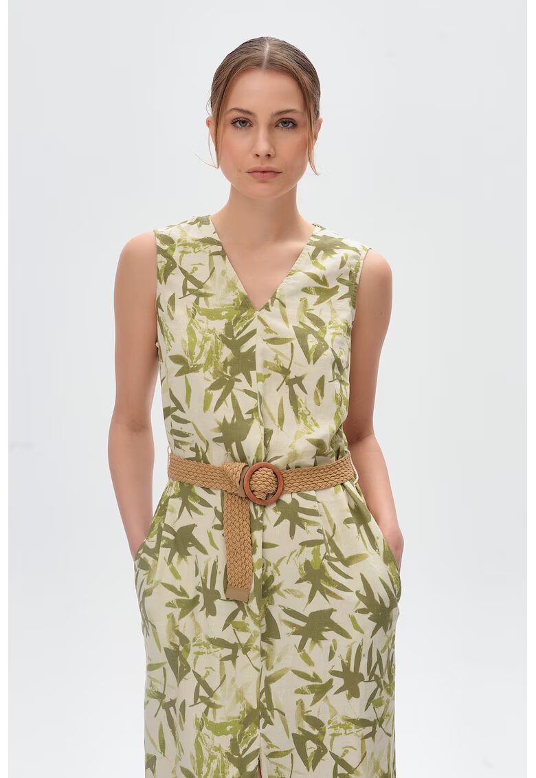 GreenPoint Rochie dreapta din amestec de in cu buzunare laterale - Verde pal