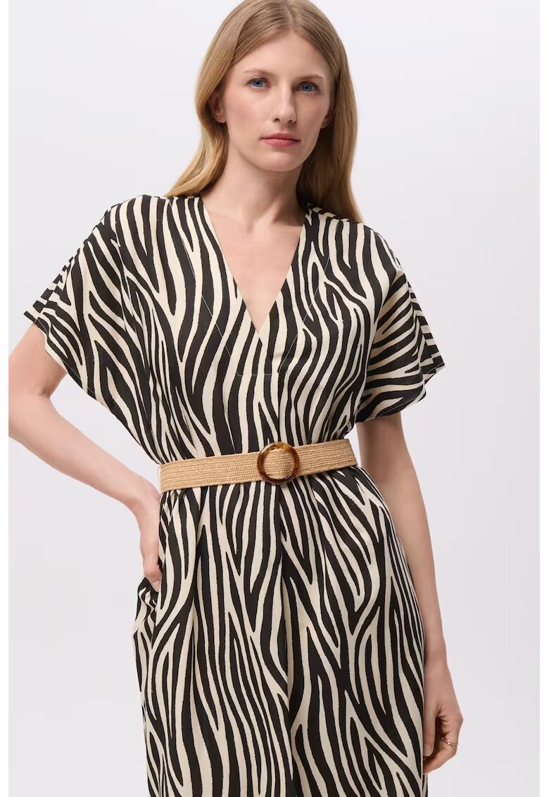 GreenPoint Rochie dreapta din amestec de in cu decolteu in V - Negru/Crem