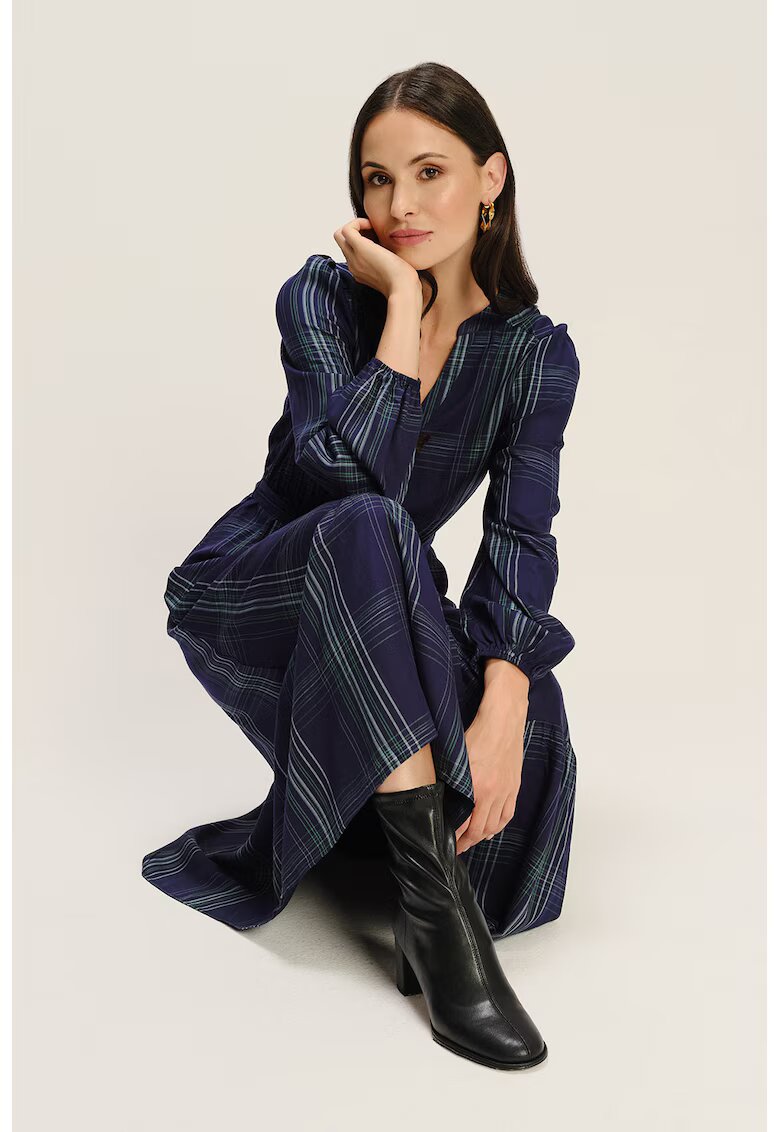 GreenPoint Rochie lunga cu decolteu in V - Alb/Albastru ultramarin