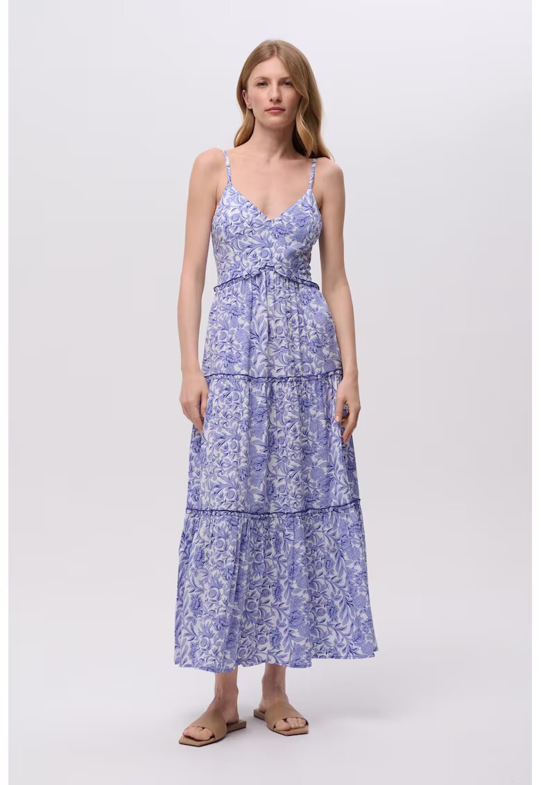 GreenPoint Rochie lunga cu decolteu in V - Albastru lavanda/Alb murdar