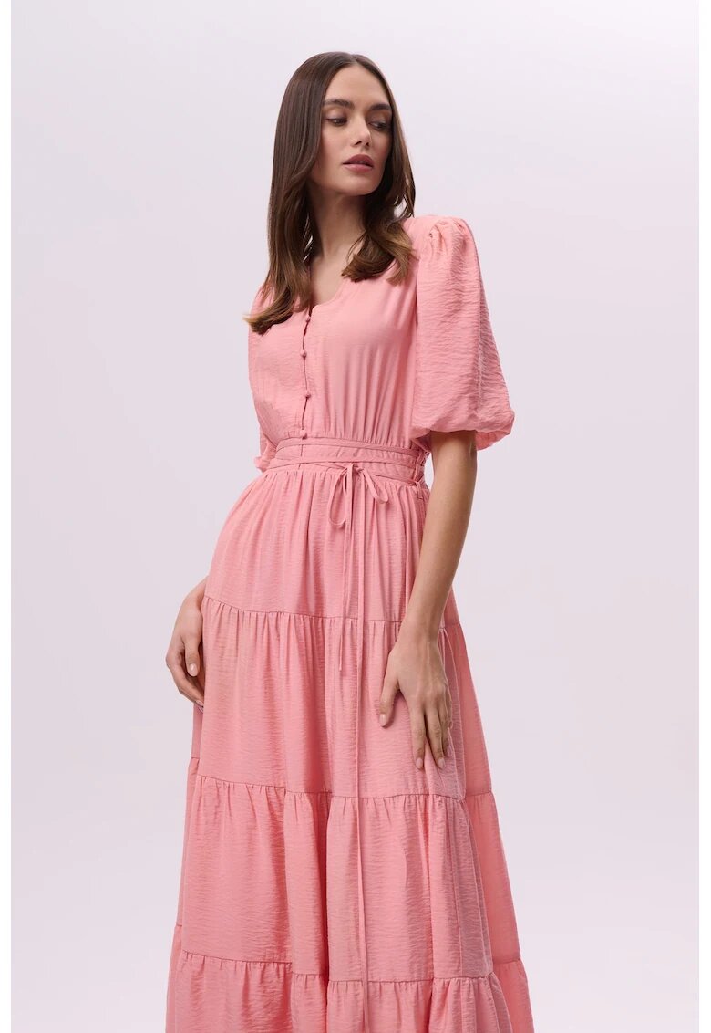 GreenPoint Rochie lunga cu volane si croiala A - Roz