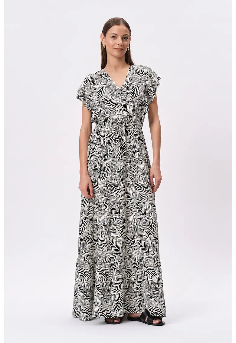 GreenPoint Rochie maxi cu decolteu in V si maneci tip fluture - Alb fildes/Negru
