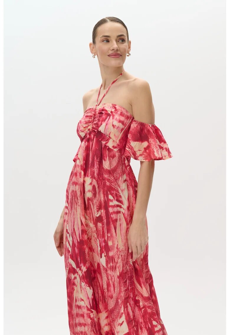 GreenPoint Rochie maxi cu decolteu pe umeri - Rosu/Bej