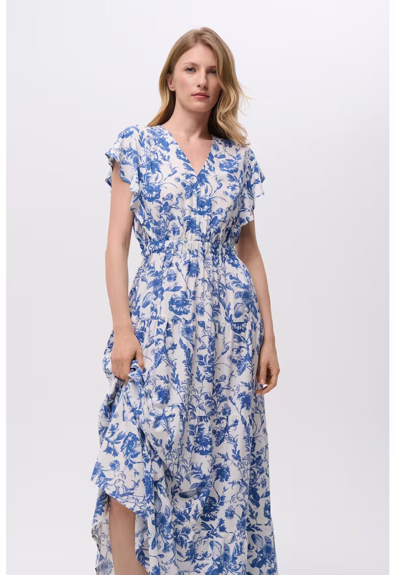 GreenPoint Rochie maxi cu model si decolteu in V - Alb/Albastru