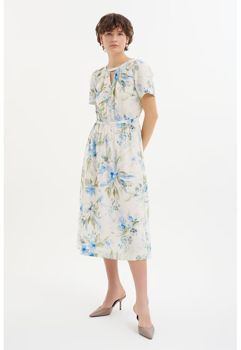 GreenPoint Rochie midi cu croiala in A si model floral - Albastru pastel/Verde deschis/Alb murdar