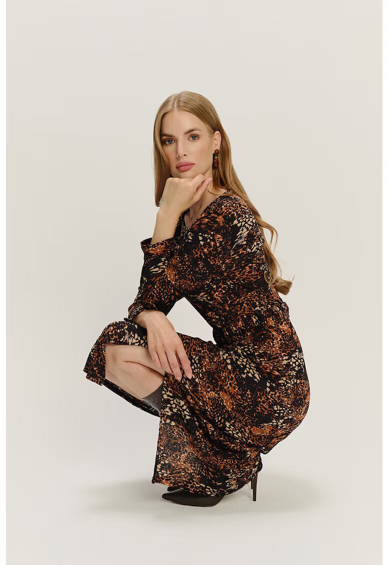 GreenPoint Rochie midi cu model si decolteu rotund - Negru/Maro