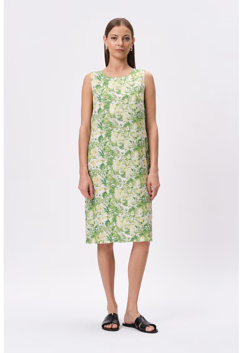 GreenPoint Rochie midi din amestec de in cu imprimeu - Alb/Verde deschis