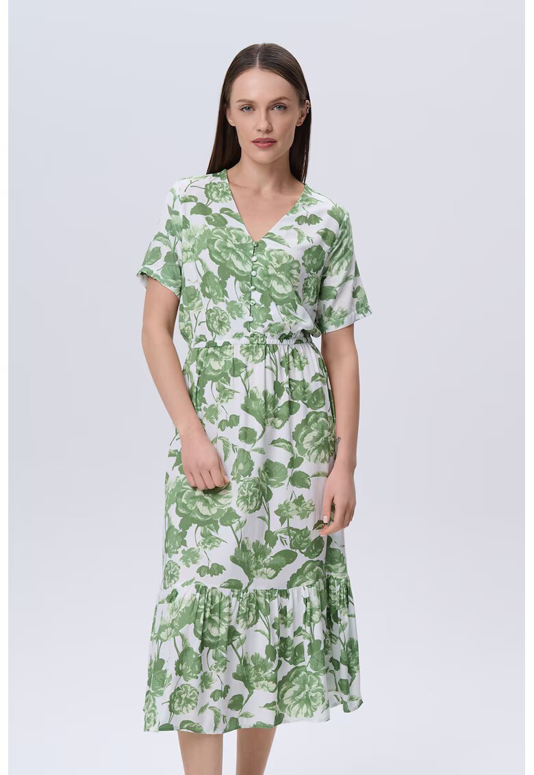 GreenPoint Rochie midi vaporoasa - Alb murdar/Verde feriga