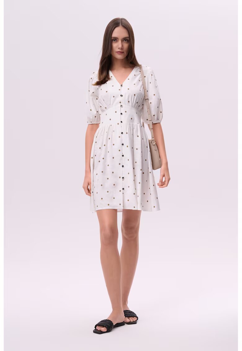 GreenPoint Rochie mini cu decolteu in V - Alb/Maro