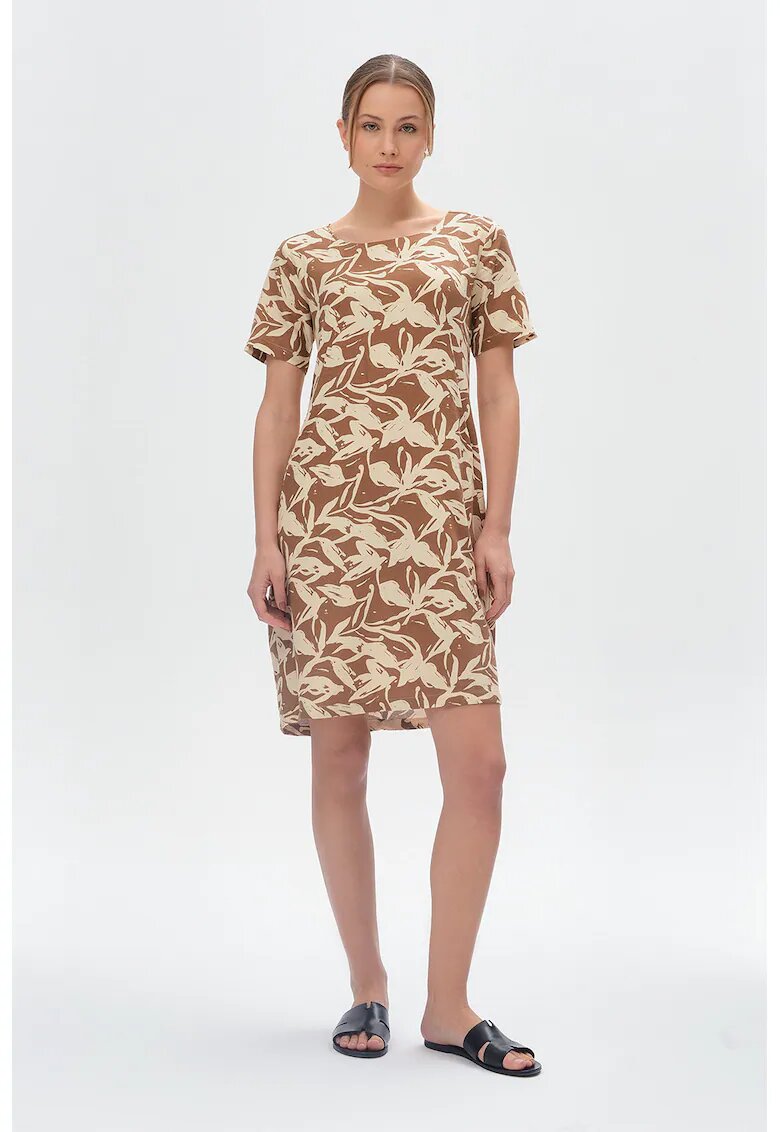 GreenPoint Rochie scurta din in cu imprimeu - Maro/Maro camel