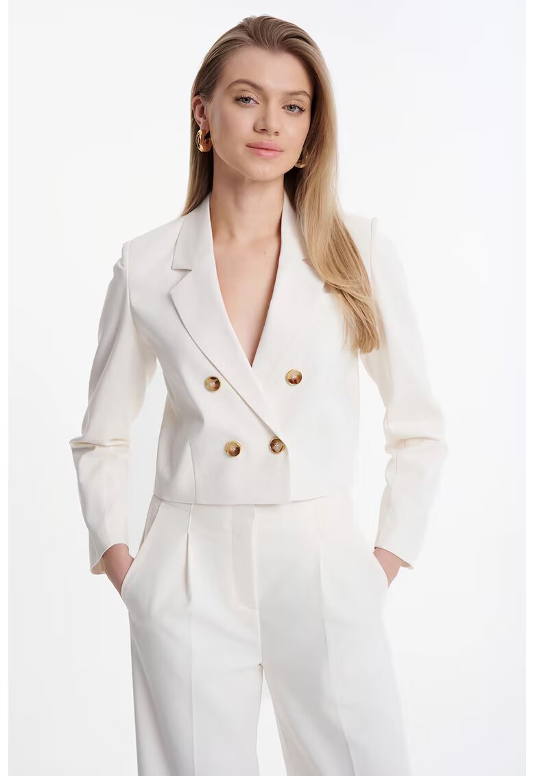GreenPoint Sacou crop cu doua randuri de nasturi si revere decupate - Alb