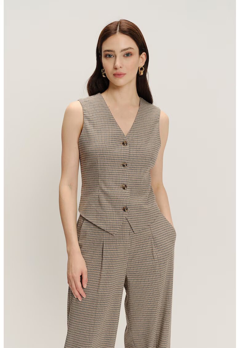 GreenPoint Sacou fara maneci cu model in carouri - Maro deschis/Maro nisip/Albastru
