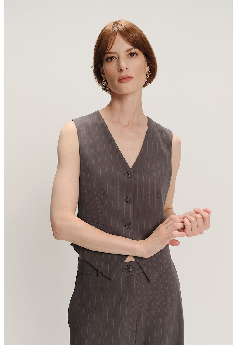 GreenPoint Sacou fara maneci cu model in dungi - Maro taupe