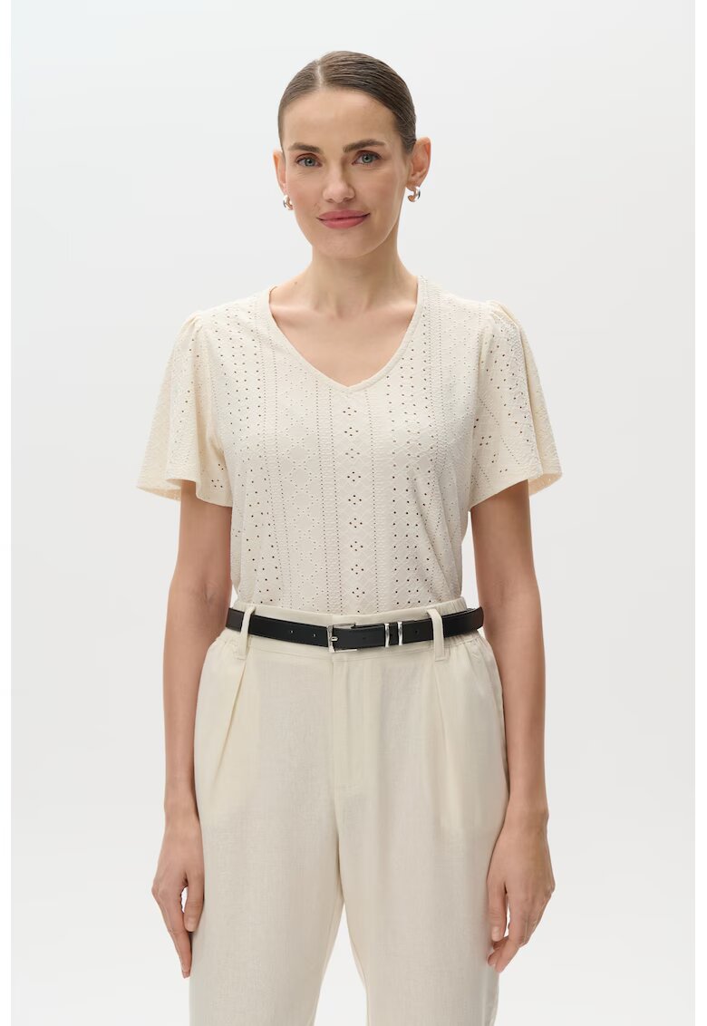 GreenPoint Tricou cu decolteu in V si design de dantela Sangallo - Crem