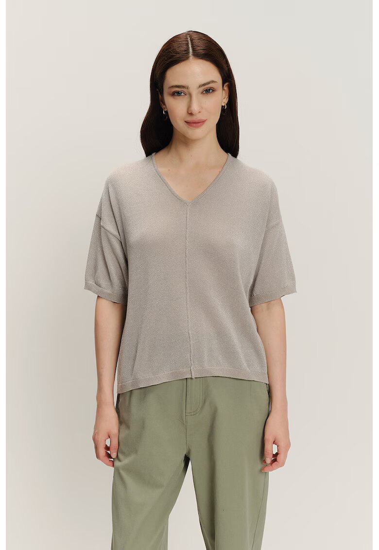 GreenPoint Tricou cu decolteu in V si maneci cazute - Gri