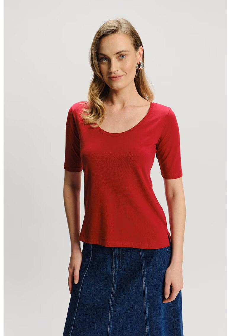 GreenPoint Tricou cu decolteu rotund si maneci medii - Caramiziu