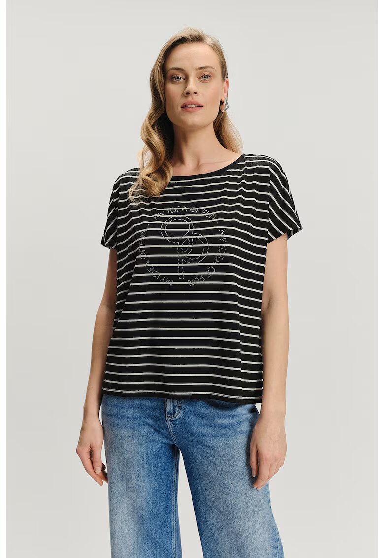 GreenPoint Tricou cu dungi si strasuri - Alb/Negru