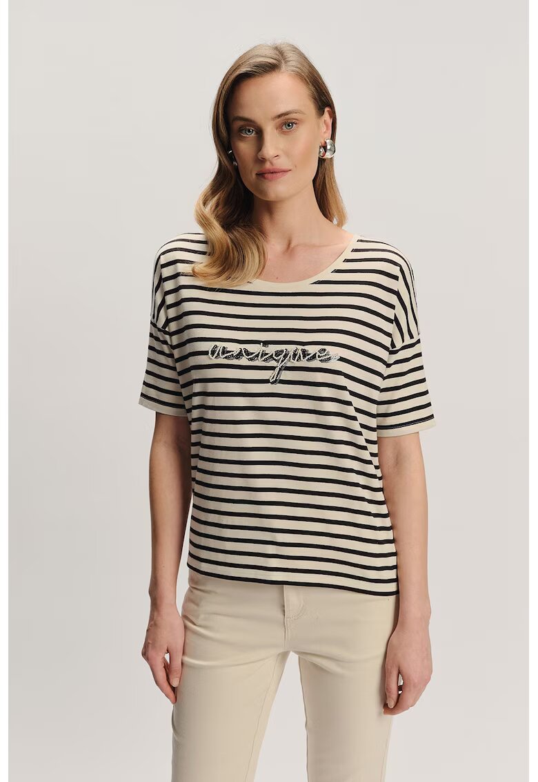 GreenPoint Tricou cu margele - dungi si decolteu rotund - Negru/Bej inchis