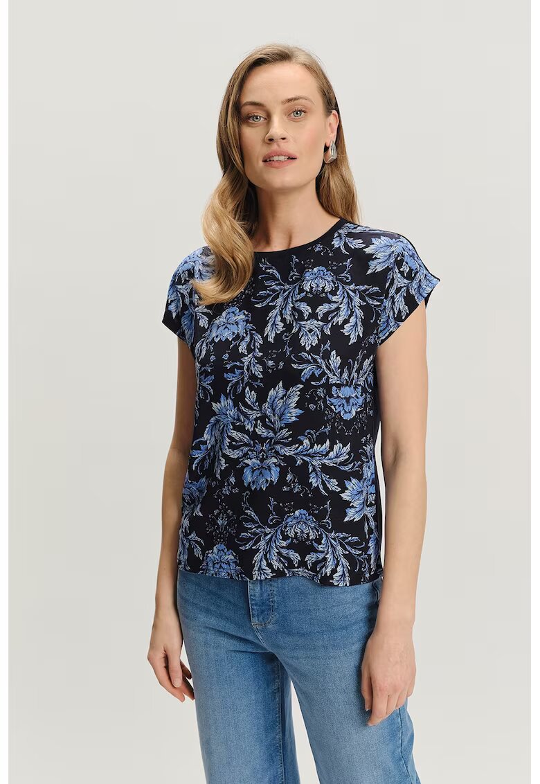 GreenPoint Tricou cu model floral si decolteu la baza gatului - Albastru ultramarin/Albastru