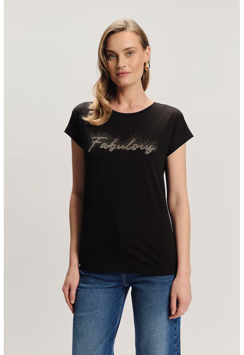 GreenPoint Tricou din amestec de modal cu text din strasuri - Negru