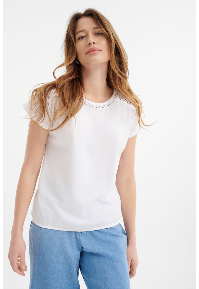 GreenPoint Tricou din bumbac si modal cu perforatii - Alb