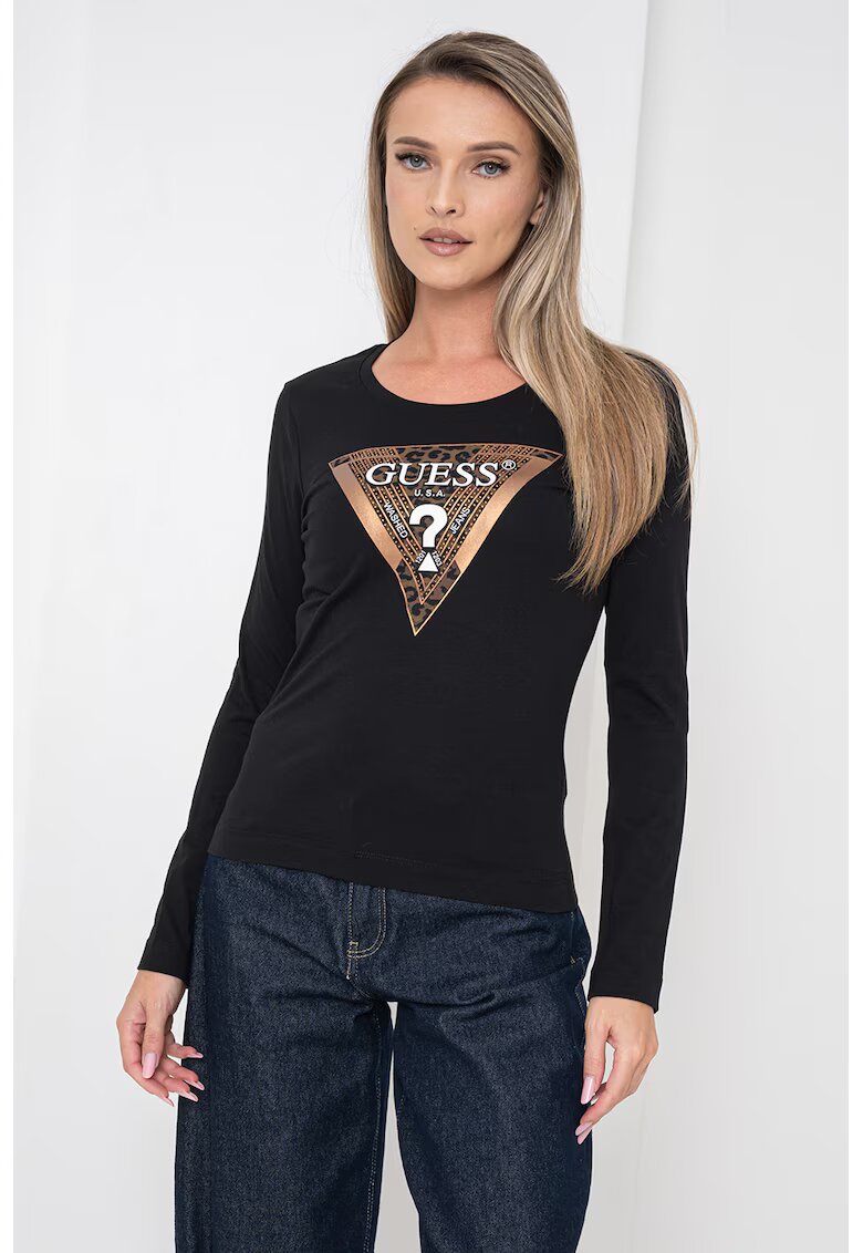 GUESS Bluza cambrata cu decolteu rotund si logo - Negru/Bronz