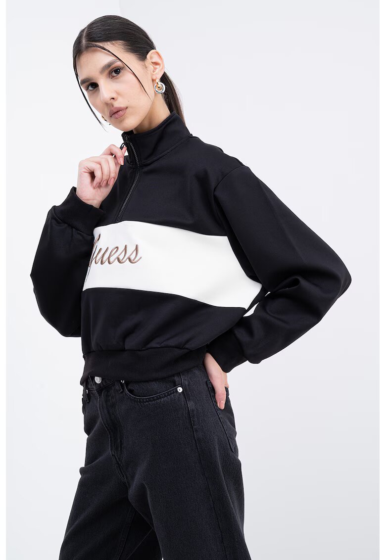GUESS Bluza crop de trening cu croiala supradimensionata si fermoar scurt - Alb fildes/Negru