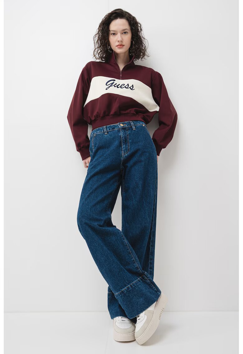 GUESS Bluza crop de trening cu croiala supradimensionata si fermoar scurt - Alb/Violet tyrian