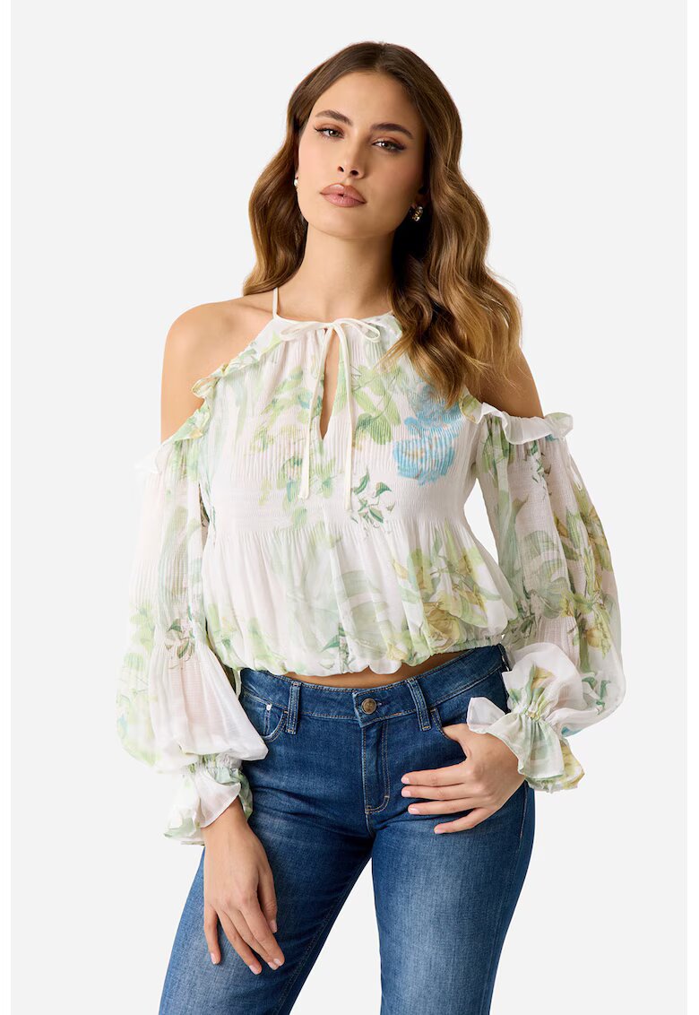 GUESS Bluza crop vaporoasa cu imprimeu - Alb/Verde deschis/Albastru deschis