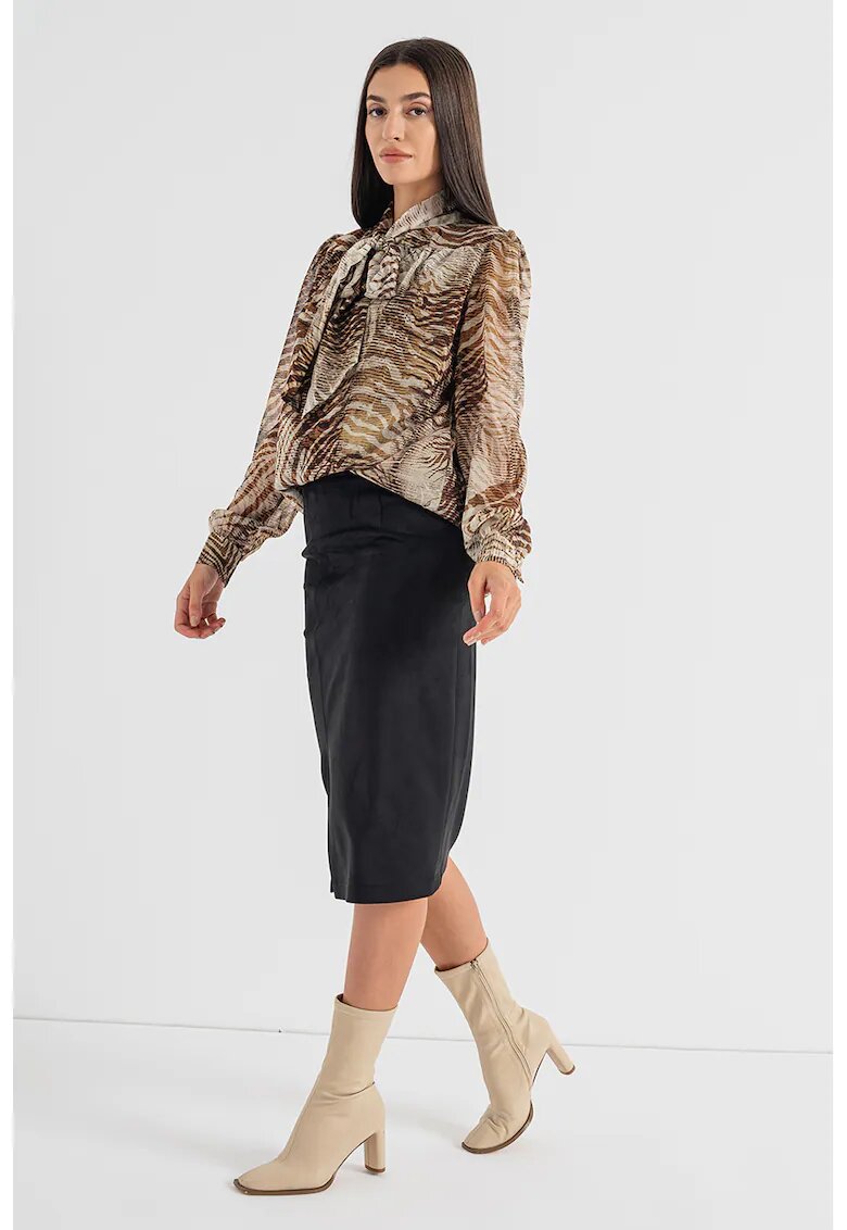 GUESS Bluza cu animal print si guler cu funda din panglici - Maro scortisoara/Maro nisip