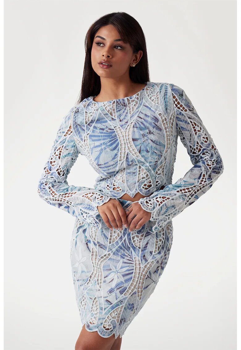 GUESS Bluza cu decupaje - Alb/Maro cognac/Albastru lavanda