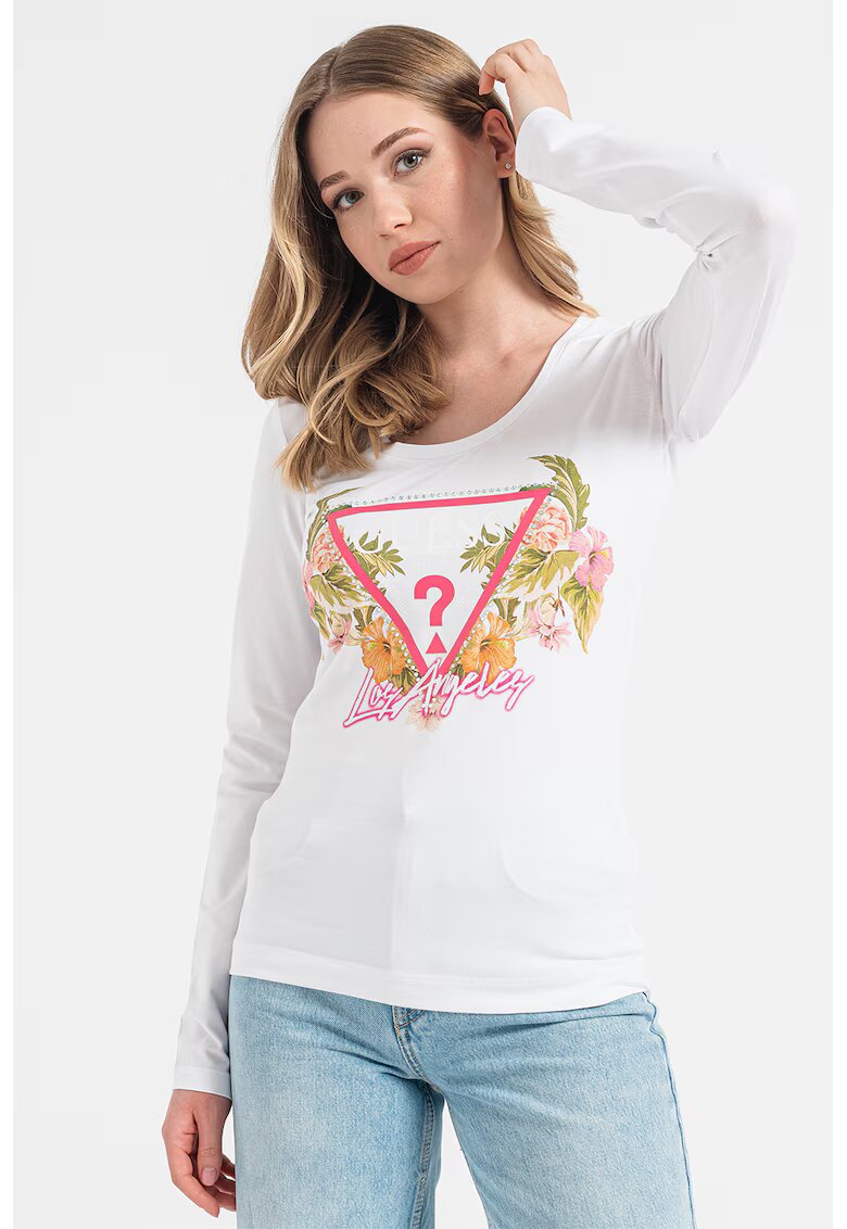 GUESS Bluza cu imprimeu logo - Alb/Verde/Roz