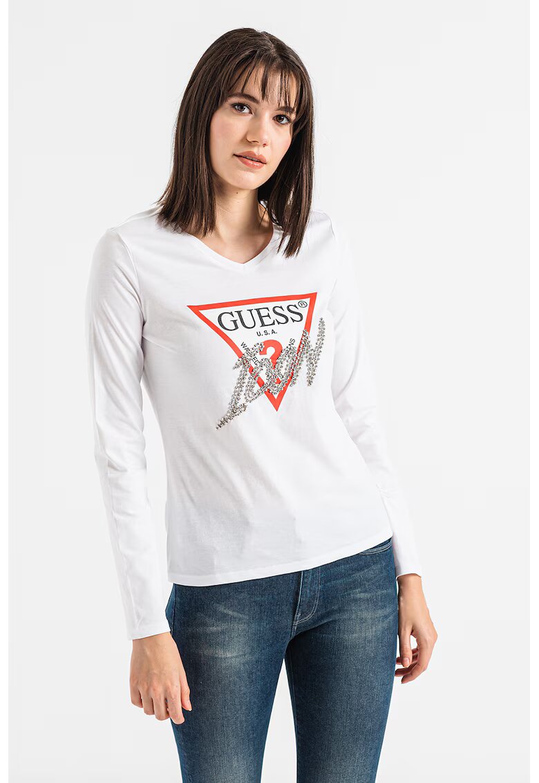 GUESS Bluza cu imprimeu logo si decorata cu strasuri - Alb/Argintiu