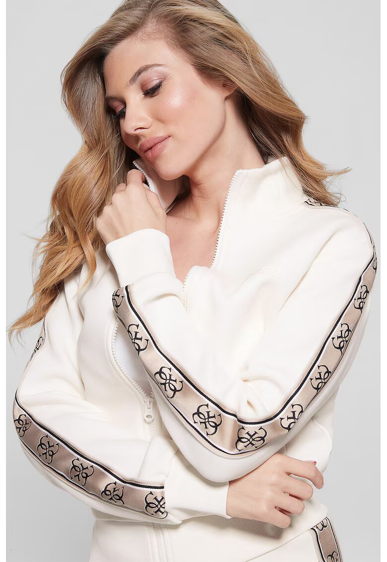 GUESS Bluza de trening cu benzi logo si fermoar - Crem