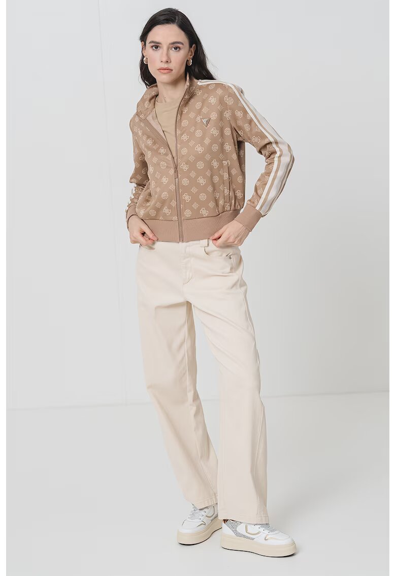GUESS Bluza de trening cu monograma si fermoar - Maro taupe deschis/Crem