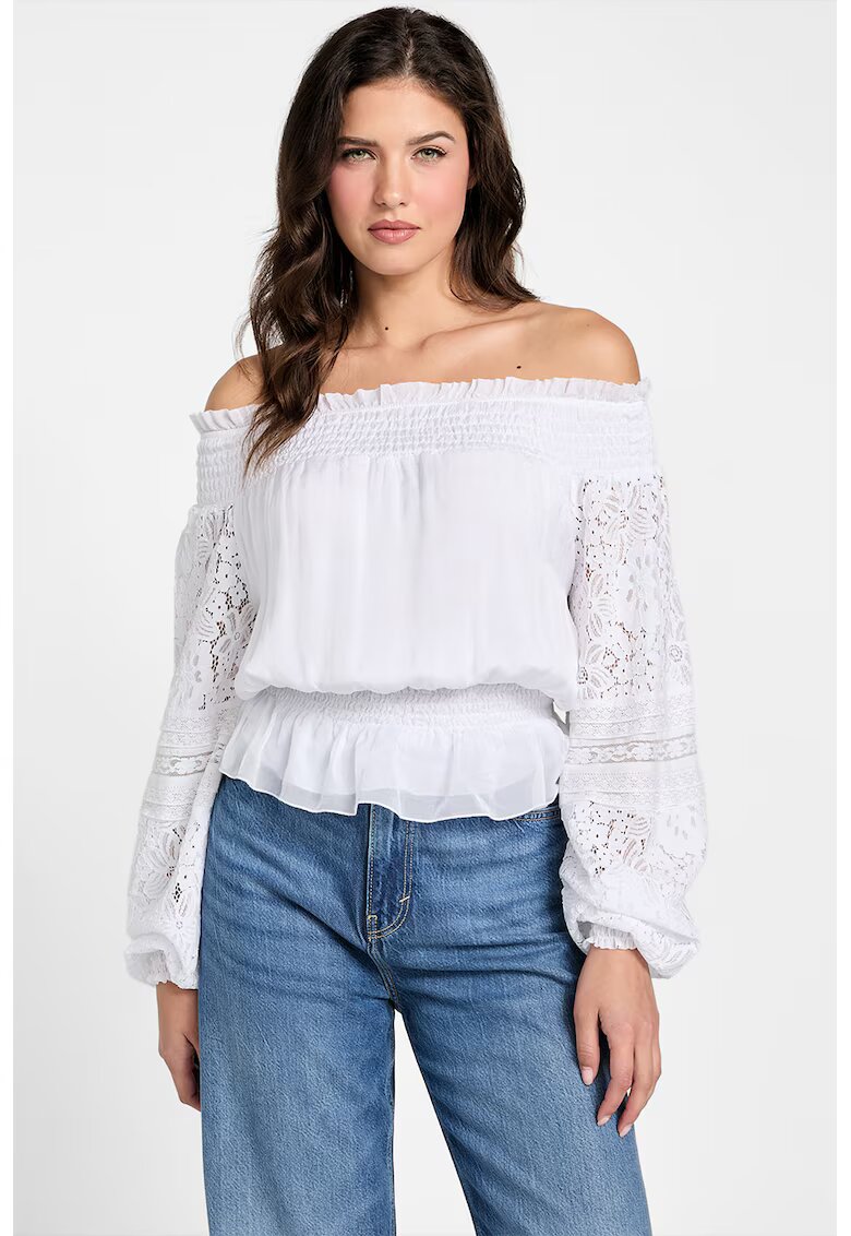 GUESS Bluza din amestec de matase cu decolteu pe umeri - Alb optic
