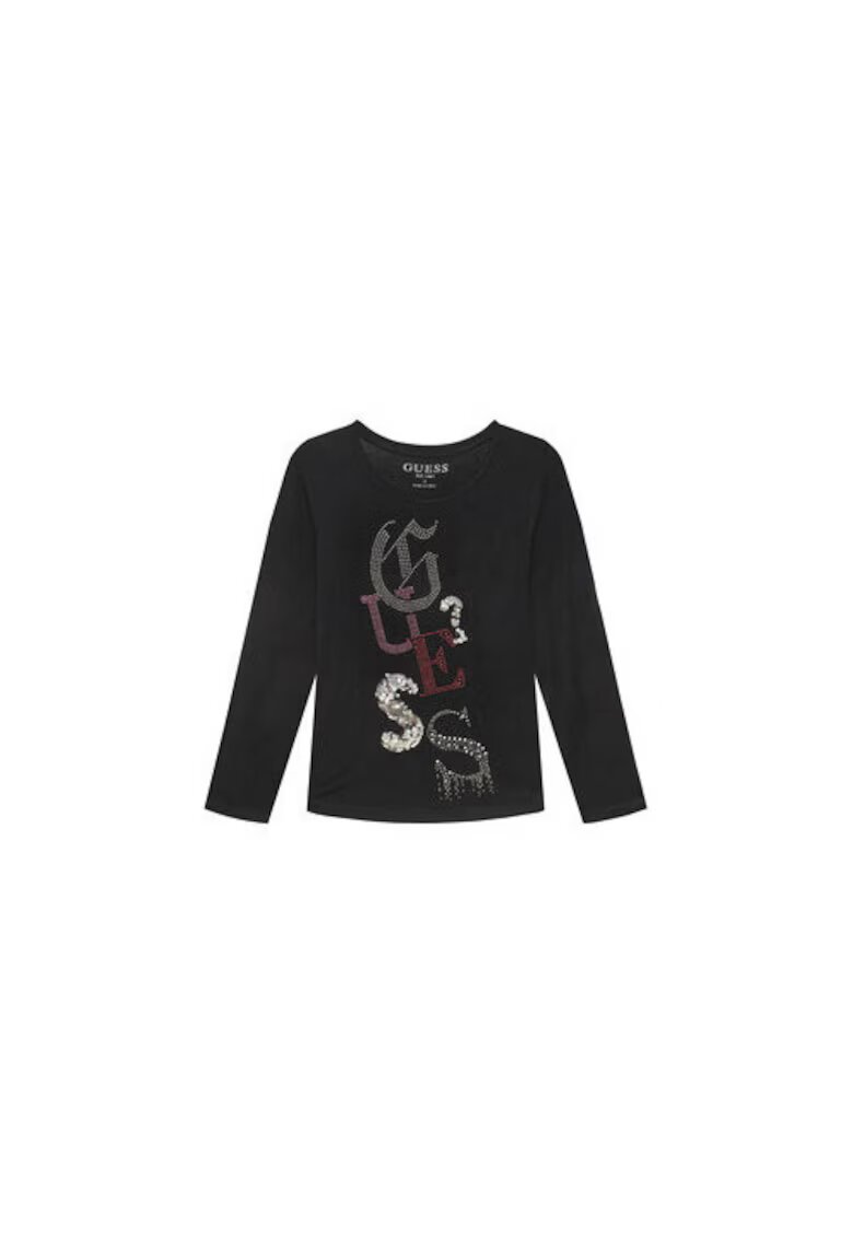 GUESS Bluza din amestec de viscoza cu decolteu rotund si logo din strasuri si paiete
