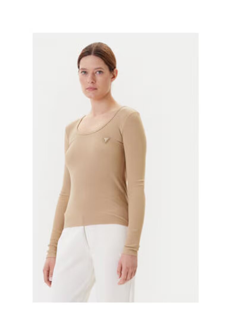 GUESS Bluza din amestec de viscoza cu striatii - decolteu rotund si aplicatie metalica discreta