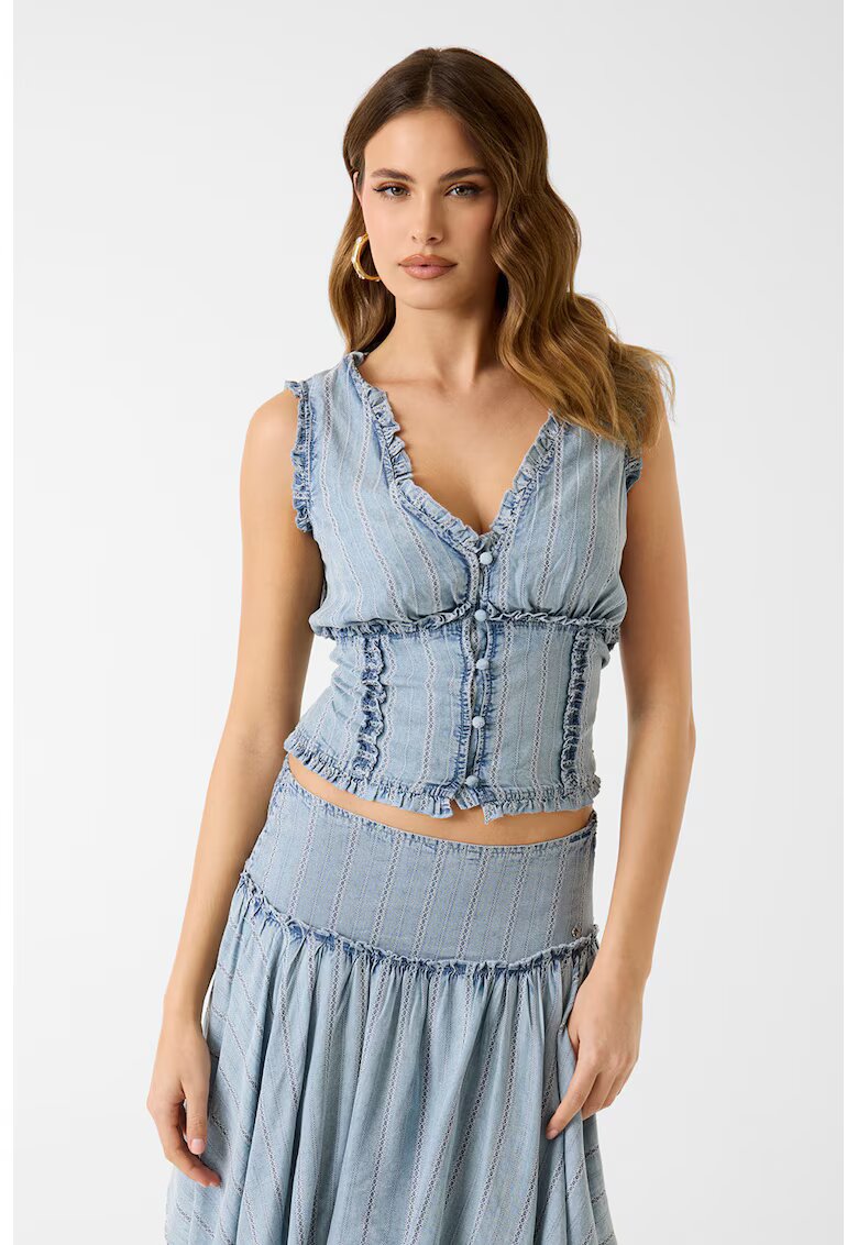 GUESS Bluza fara maneci din material chambray - Albastru deschis