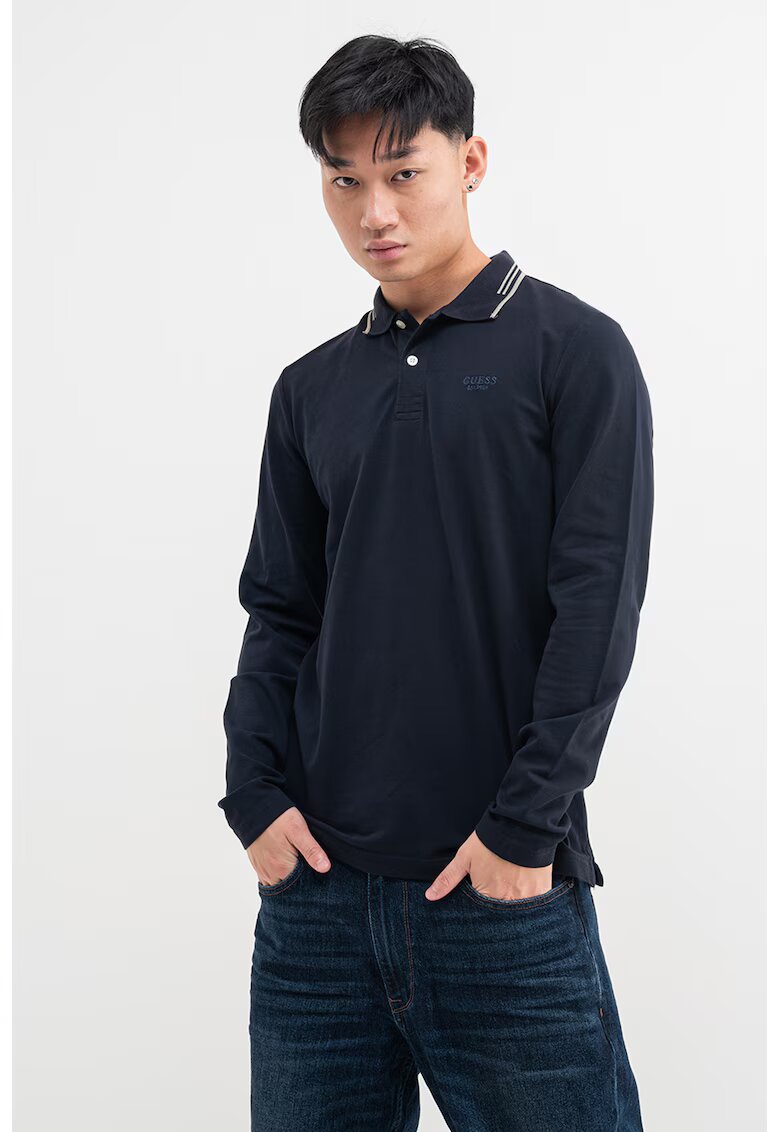 GUESS Bluza polo slim fit din amestec de bumbac - Albastru inchis/Grej
