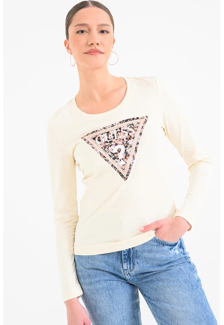 GUESS Bluza slim fit cu logo decorat - Bej deschis