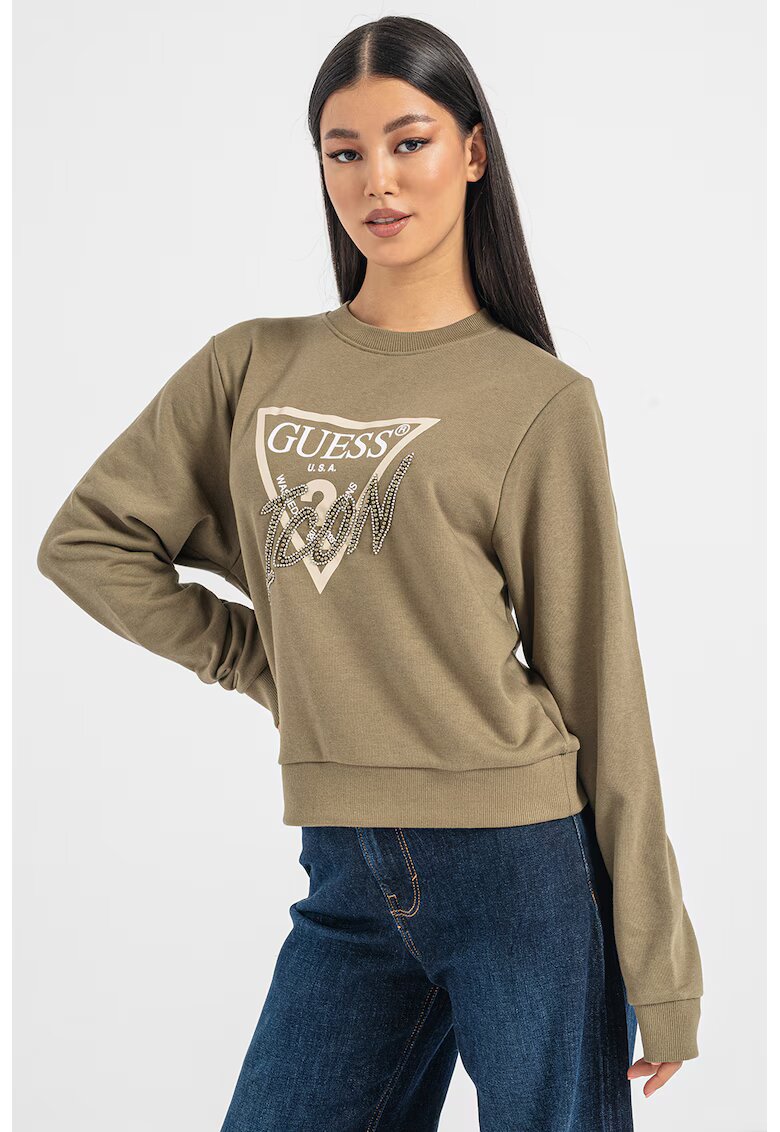 GUESS Bluza sport cu imprimeu logo si aplicatii cu strasuri - Kaki