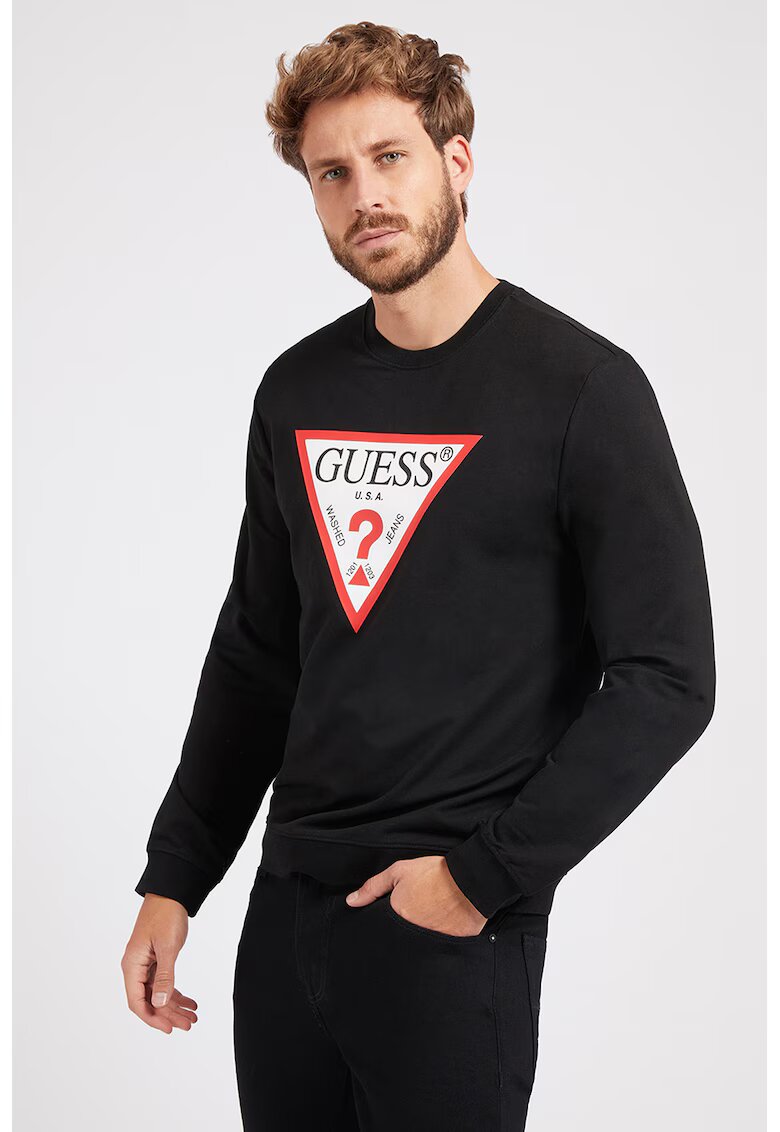 GUESS Bluza sport cu imprimeu logo si decolteu la baza gatului - Alb/Negru
