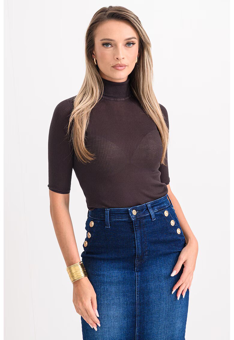 GUESS Bluza strata cu guler inalt si maneci scurte - Maro inchis