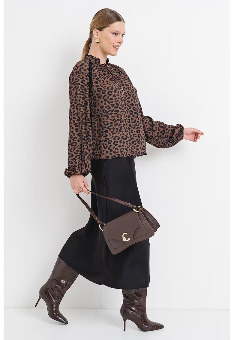 GUESS Bluza vaporoasa cu maneci bufante - Negru/Maro/Kaki