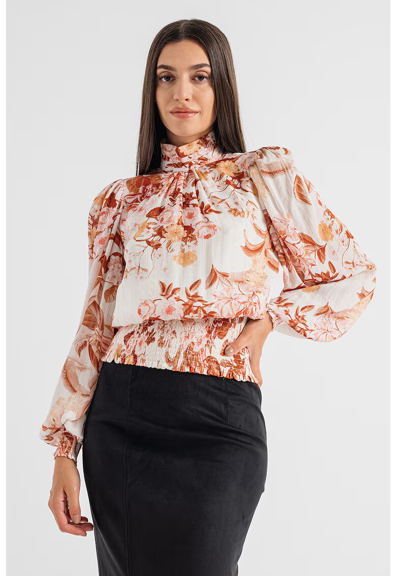 GUESS Bluza vaporoasa cu talie cu insertii elastice - Alb/Maro scortisoara